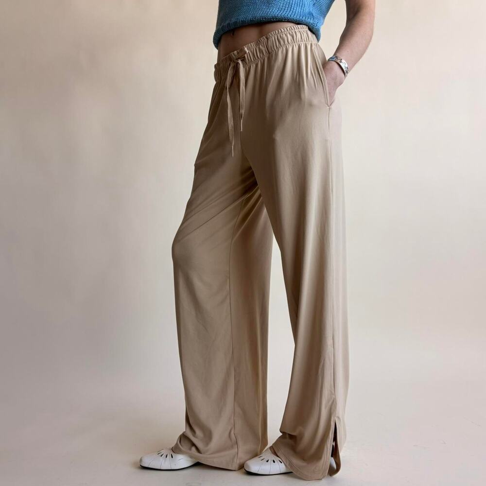 Tan Wide Leg Lounge Pants - Drawstring Waist, Ankle Slits, Size XS - Picture 1 of 6